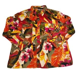 Chico's Button Up Shirt Women's XL Red Floral Tropical Roll Tab